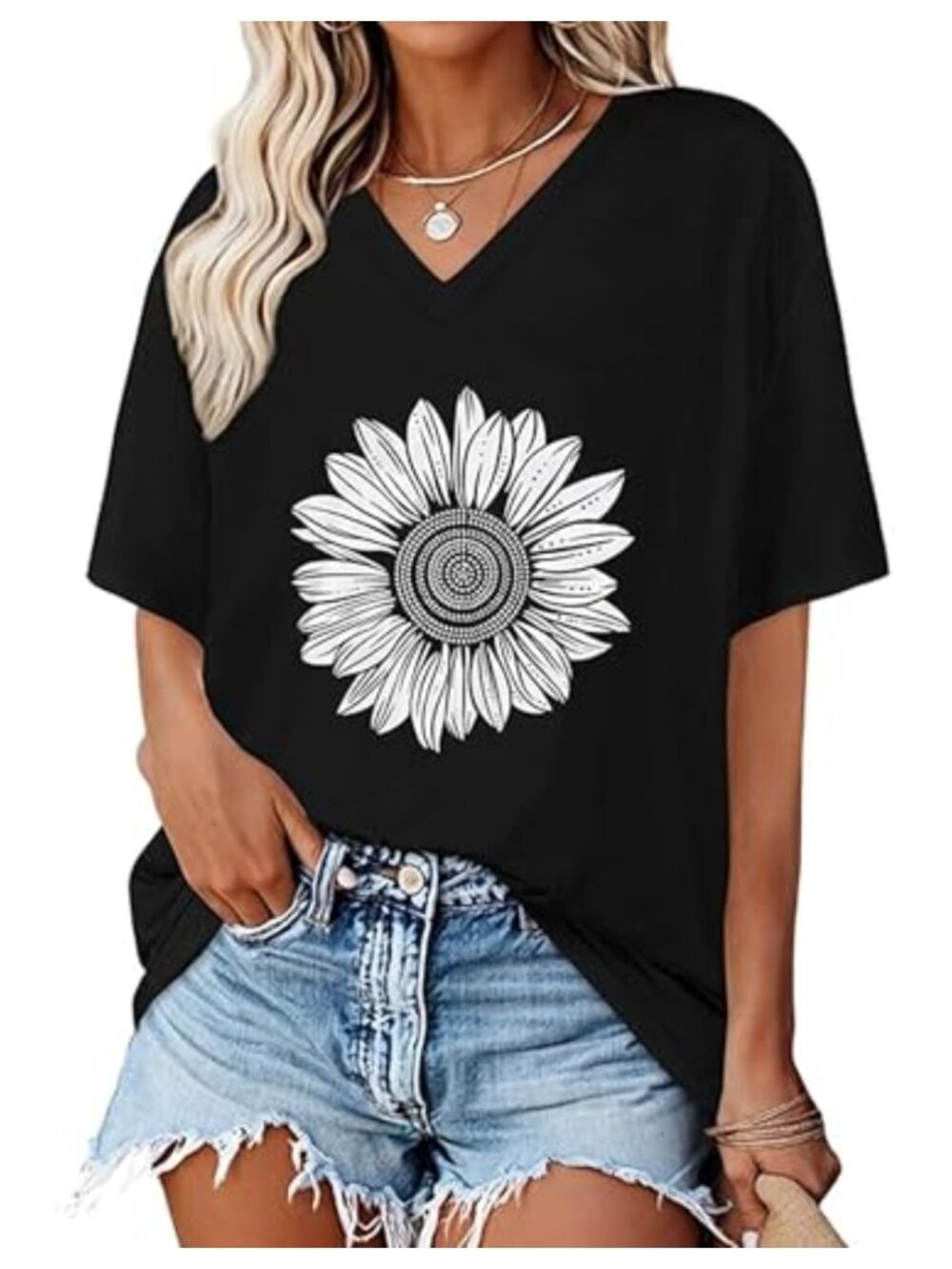 Oversized V-Neck Short Sleeve Tee Casual Summer Loose Fit T-Shirt